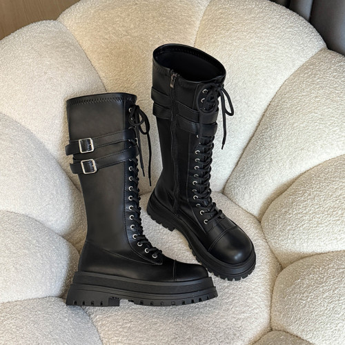 2025新款秋冬季英倫風中筒馬丁靴女小個子厚底增高不過膝騎士靴