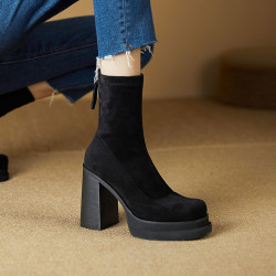 2025冬季新款厚底高跟鞋粗跟短靴女靴子羊皮女靴軟純皮磨砂馬丁靴