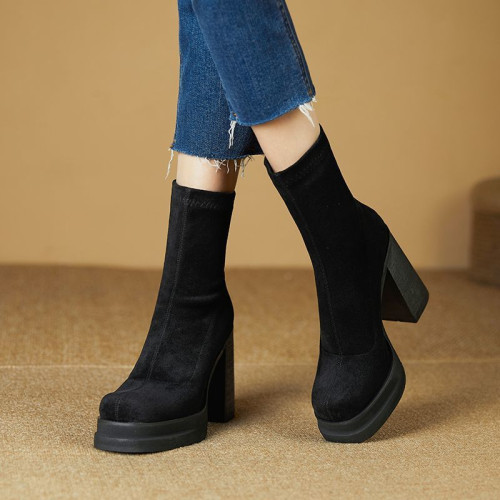 2025冬季新款厚底高跟鞋粗跟短靴女靴子羊皮女靴軟純皮磨砂馬丁靴