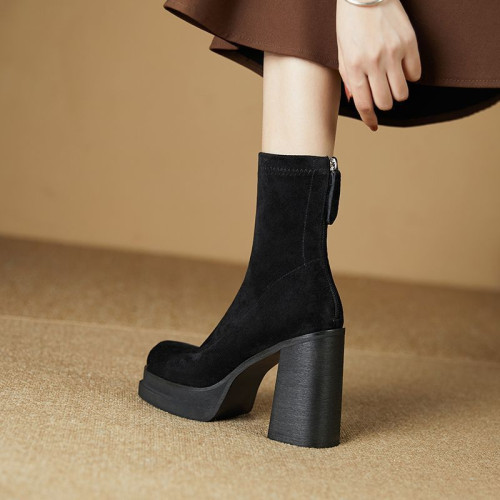 2025冬季新款厚底高跟鞋粗跟短靴女靴子羊皮女靴軟純皮磨砂馬丁靴