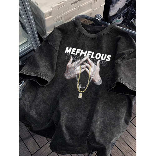 特大碼300斤水洗做舊重磅短袖T恤男夏季oversize復古潮牌牛仔半袖