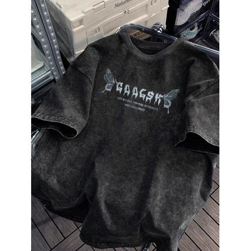 特大碼300斤水洗做舊重磅短袖T恤男夏季oversize復古潮牌牛仔半袖