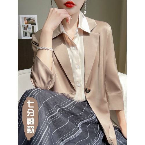 醋酸白色西裝外套女高級感氣質休閒薄款春夏季緞面西服連衣裙套裝