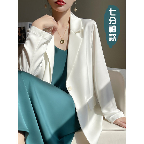 醋酸白色西裝外套女高級感氣質休閒薄款春夏季緞面西服連衣裙套裝