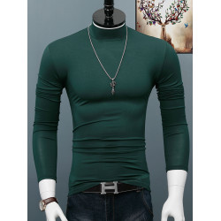 男士長袖T恤半高領莫代爾打底衫純色百搭秋季上衣修身韓版體恤潮