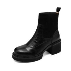 小羊皮復古粗跟高跟短靴女2024秋冬新款厚底圓頭拼接針織彈力襪靴