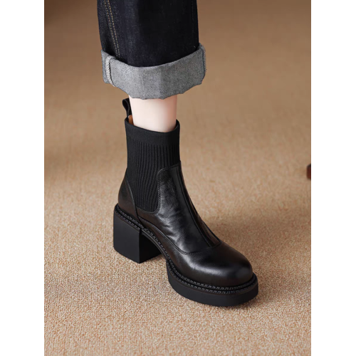 小羊皮復古粗跟高跟短靴女2024秋冬新款厚底圓頭拼接針織彈力襪靴