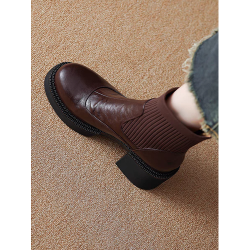 小羊皮復古粗跟高跟短靴女2024秋冬新款厚底圓頭拼接針織彈力襪靴