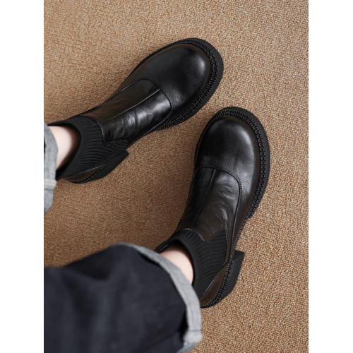 小羊皮復古粗跟高跟短靴女2024秋冬新款厚底圓頭拼接針織彈力襪靴