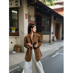 美拉德復古麂皮絨西裝外套女春秋季2025新款高級感小個子棕色皮衣