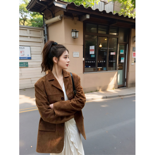 美拉德復古麂皮絨西裝外套女春秋季2025新款高級感小個子棕色皮衣
