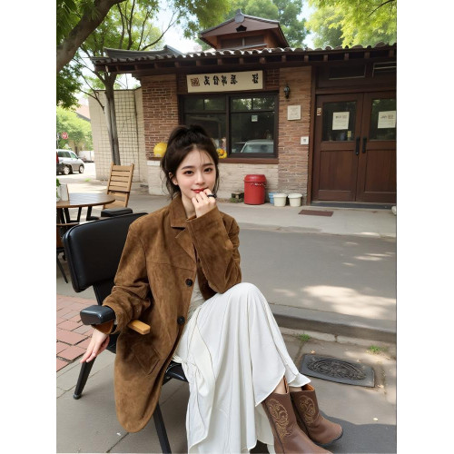 美拉德復古麂皮絨西裝外套女春秋季2025新款高級感小個子棕色皮衣