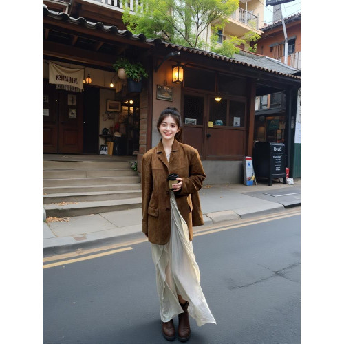 美拉德復古麂皮絨西裝外套女春秋季2025新款高級感小個子棕色皮衣