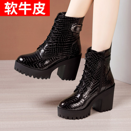 秋冬新款馬丁靴女真皮厚底防水台高跟粗跟網紗涼靴女款短靴單靴子