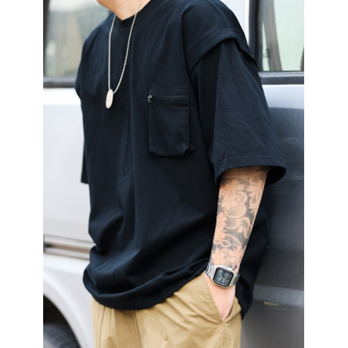 BGYO 日系復古曡飄袖口工裝T恤男山系戶外圓領立體口袋短袖上衣夏