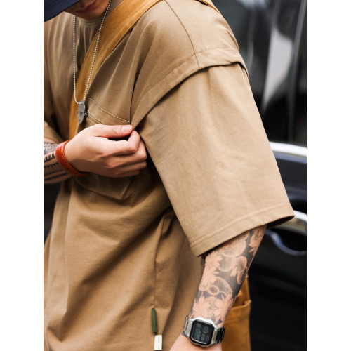 BGYO 日系復古曡飄袖口工裝T恤男山系戶外圓領立體口袋短袖上衣夏