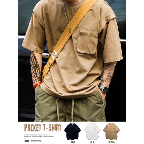 BGYO 日系復古曡飄袖口工裝T恤男山系戶外圓領立體口袋短袖上衣夏