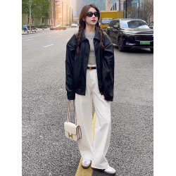 拉夏貝爾白色濶腿牛仔褲女2025新款秋冬直筒垂感小個子休閒加絨褲