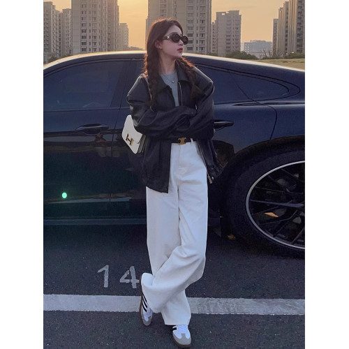 拉夏貝爾白色濶腿牛仔褲女2025新款秋冬直筒垂感小個子休閒加絨褲 拉夏貝爾白色濶腿牛仔褲女2025新款秋冬直筒垂感小個子休閒加絨褲