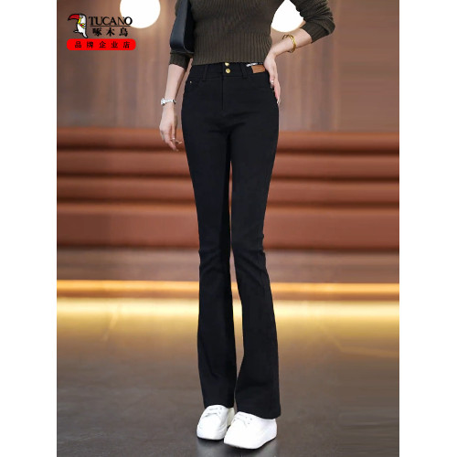 啄木鳥純棉微喇軟牛仔褲女2026春季新款休閒褲百搭洋氣馬蹄喇叭褲