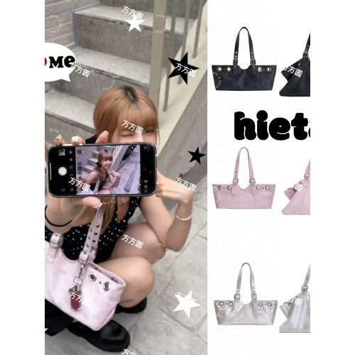 韓國小衆25新款Hieta鉚釘托特包y2k大容量時尚百搭單肩手提腋下包