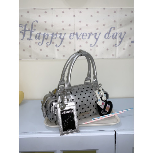 ParoParo波卡爾圓點！手提韓系ins銀色油蠟皮波點保齡球包斜後後背包