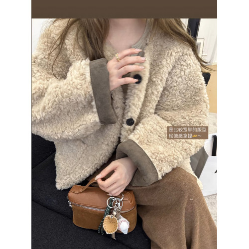 heymaymay秋冬設計感真皮麂皮拼皮手提包斜後後背包飯盒包棕色