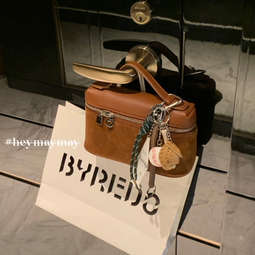 heymaymay秋冬設計感真皮麂皮拼皮手提包斜後後背包飯盒包棕色