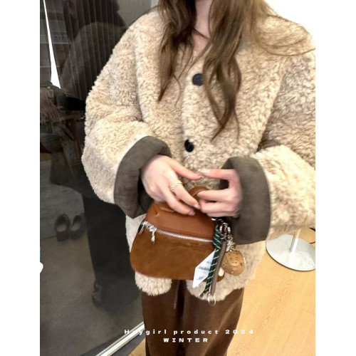 heymaymay秋冬設計感真皮麂皮拼皮手提包斜後後背包飯盒包棕色