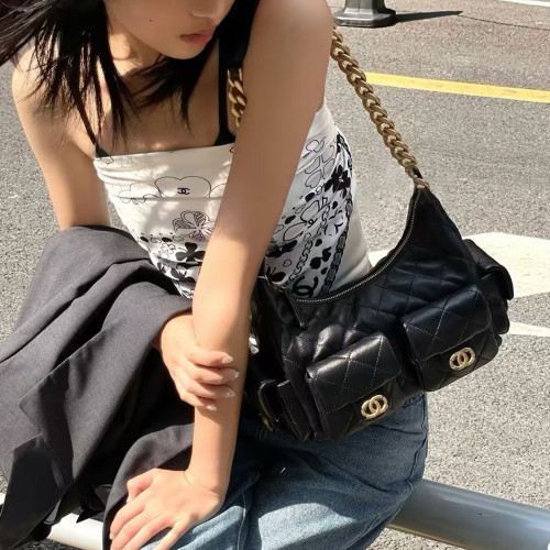 Jennie同款小香風25C嬉皮包hobo腋下包菱格鏈條流浪包單肩托特包 Jennie同款小香風25C嬉皮包hobo腋下包菱格鏈條流浪包單肩托特包