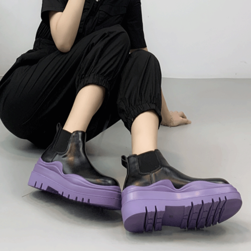 大碼菸筒靴女41-42中筒切爾西靴mona同款真皮厚底紫色馬丁靴