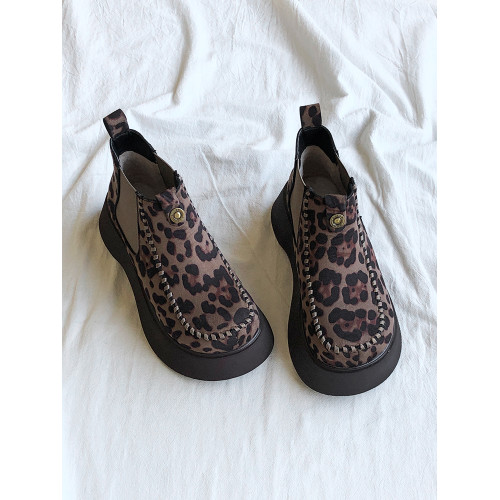 復古豹紋切爾西靴女短靴子2025新款爆款瘦瘦靴厚底加絨馬丁靴棉鞋