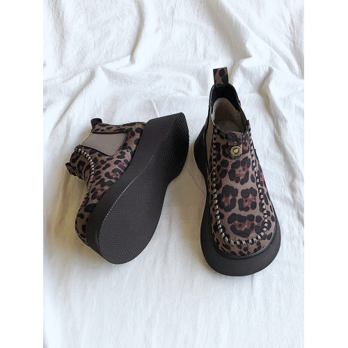 復古豹紋切爾西靴女短靴子2025新款爆款瘦瘦靴厚底加絨馬丁靴棉鞋