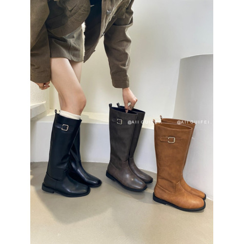 2026新騎士靴歐美圓頭小衆胖MM直筒長靴不過膝套筒時尚百搭時裝靴