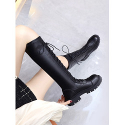 長筒靴女2025年秋季新款厚底瘦瘦綁帶馬丁靴不過膝高筒皮靴騎士靴