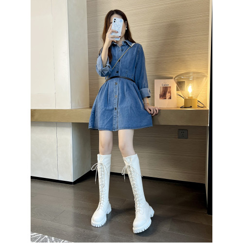 長筒靴女2025年秋季新款厚底瘦瘦綁帶馬丁靴不過膝高筒皮靴騎士靴