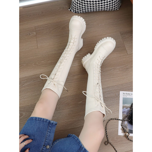 長筒靴女2025年秋季新款厚底瘦瘦綁帶馬丁靴不過膝高筒皮靴騎士靴