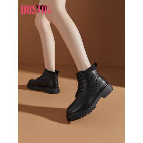 大東23冬季新款韓版圓頭粗跟系帶低筒戶外短馬丁潮靴女鞋23D1707