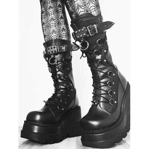 Demonia同款y2k厚底機車暗黑哥特式辣妹中筒靴女啞光黑色騎士靴