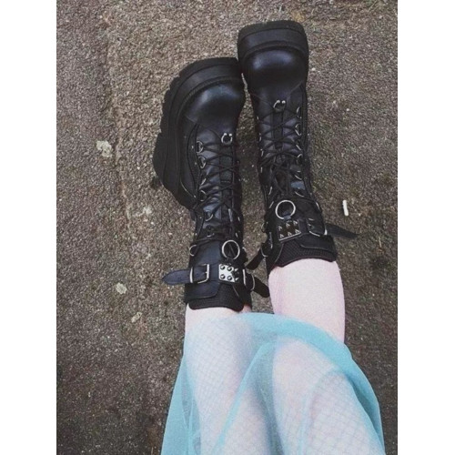 Demonia同款y2k厚底機車暗黑哥特式辣妹中筒靴女啞光黑色騎士靴