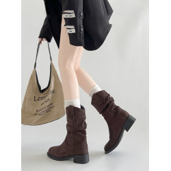 美拉德中筒短靴子女2026新款夏秋季西部牛仔堆堆靴厚底馬丁靴單靴