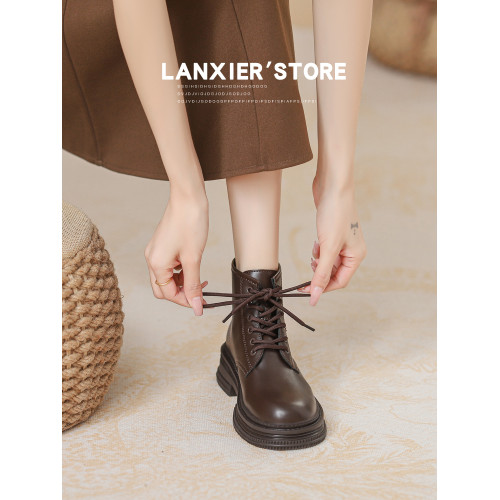 真皮馬丁靴女2026新款英倫風棕色小個子顯瘦綁帶爆款厚底短靴子秋