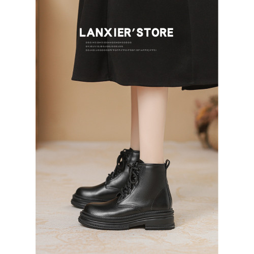 真皮馬丁靴女2026新款英倫風棕色小個子顯瘦綁帶爆款厚底短靴子秋