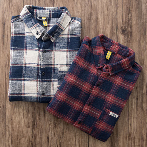 重磅美式復古磨毛格子襯衫男士阿美哢嘰寬鬆純棉工裝長袖襯衣男