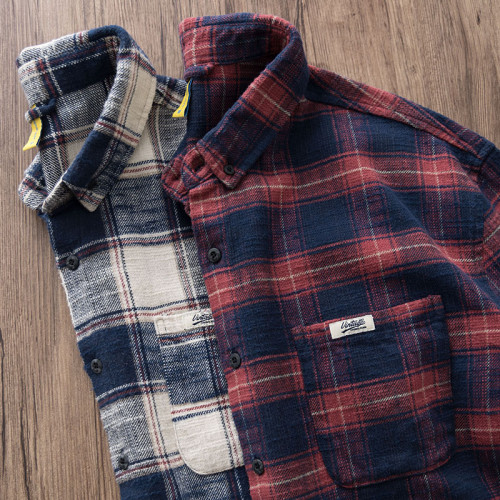 重磅美式復古磨毛格子襯衫男士阿美哢嘰寬鬆純棉工裝長袖襯衣男