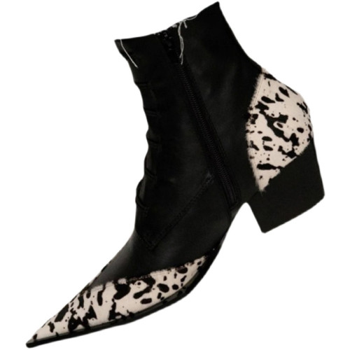 歐洲站走秀款2025秋冬新款豹紋尖頭中跟短靴女真皮粗跟高跟馬丁靴