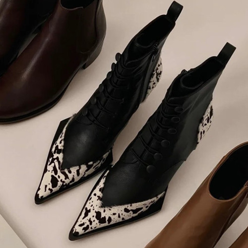 歐洲站走秀款2025秋冬新款豹紋尖頭中跟短靴女真皮粗跟高跟馬丁靴
