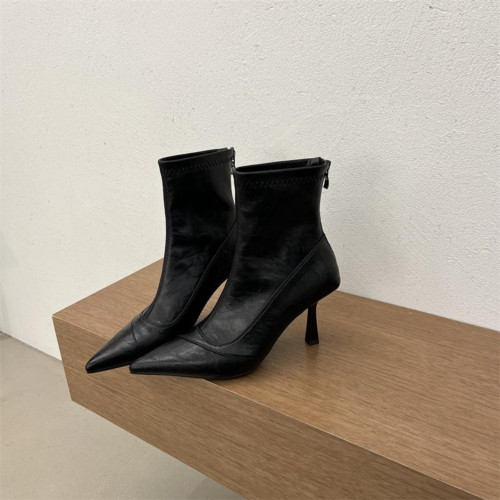 羊皮版~韓版尖頭細跟短靴女短筒高跟鞋時裝靴軟皮彈力靴秋瘦瘦靴