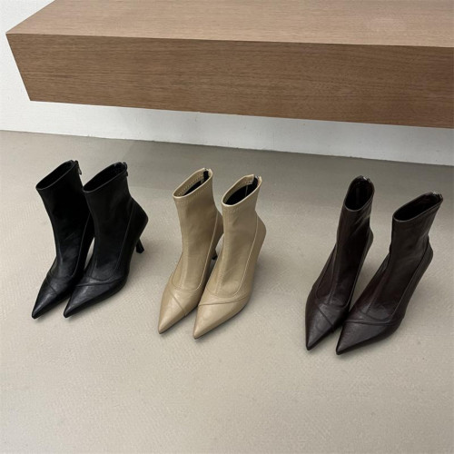 羊皮版~韓版尖頭細跟短靴女短筒高跟鞋時裝靴軟皮彈力靴秋瘦瘦靴