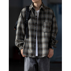 春秋復古磨毛加厚格子襯衫男工裝長袖潮牌寬鬆毛呢襯衣休閒外套潮